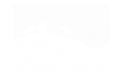 a black and white logo with mountains and sun