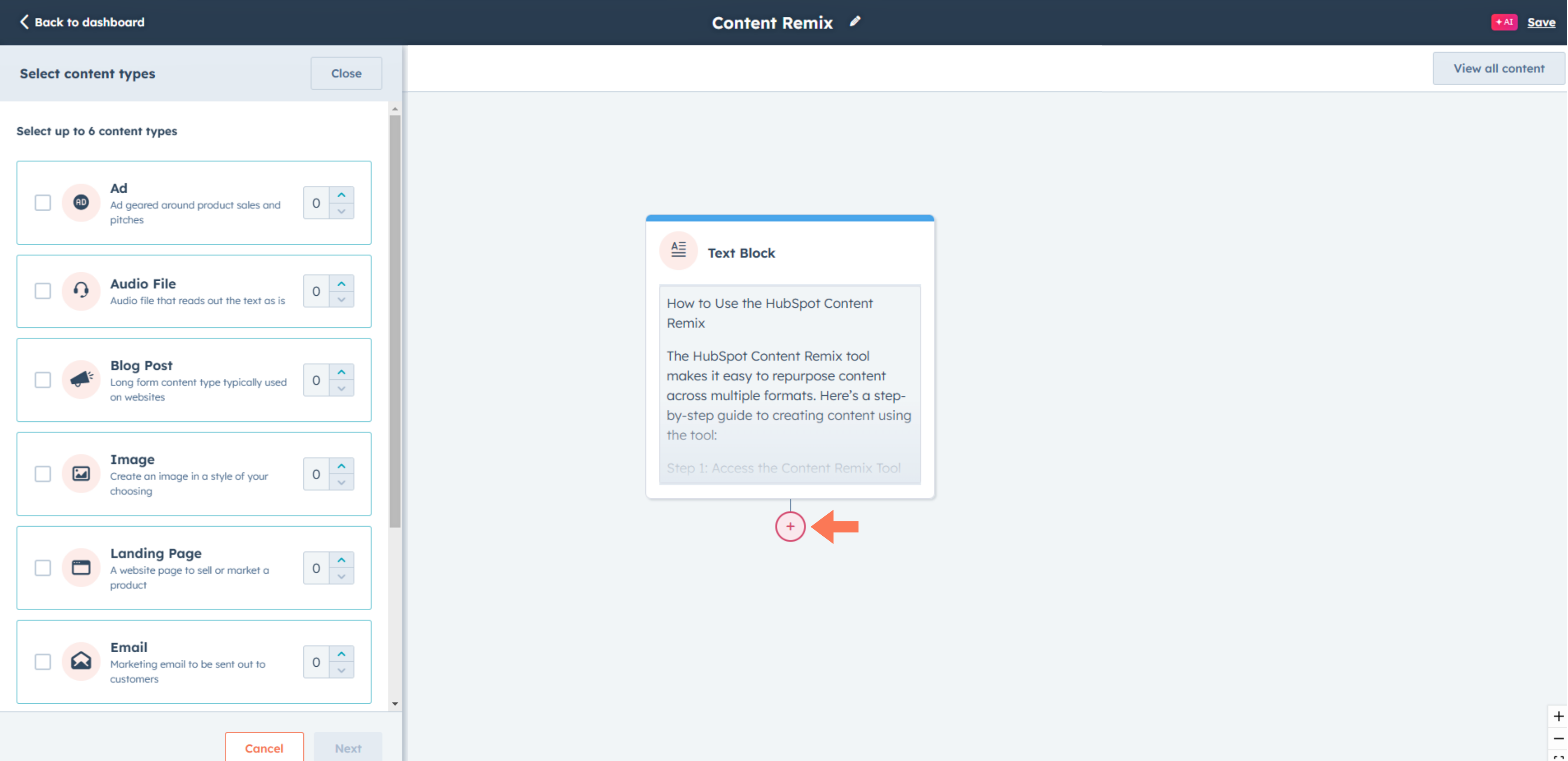 A screenshot from the HubSpot Content Remix showing the third step (Step 3) in using the tool. This image instructs how to add and choose multiple outputs to the remix workflow.