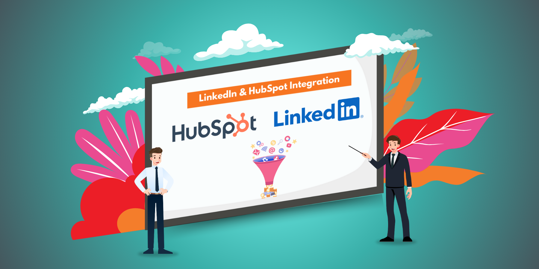 Illustration of two businessman discussing the importance of integrating HubSpot and LinkedIn Ads.