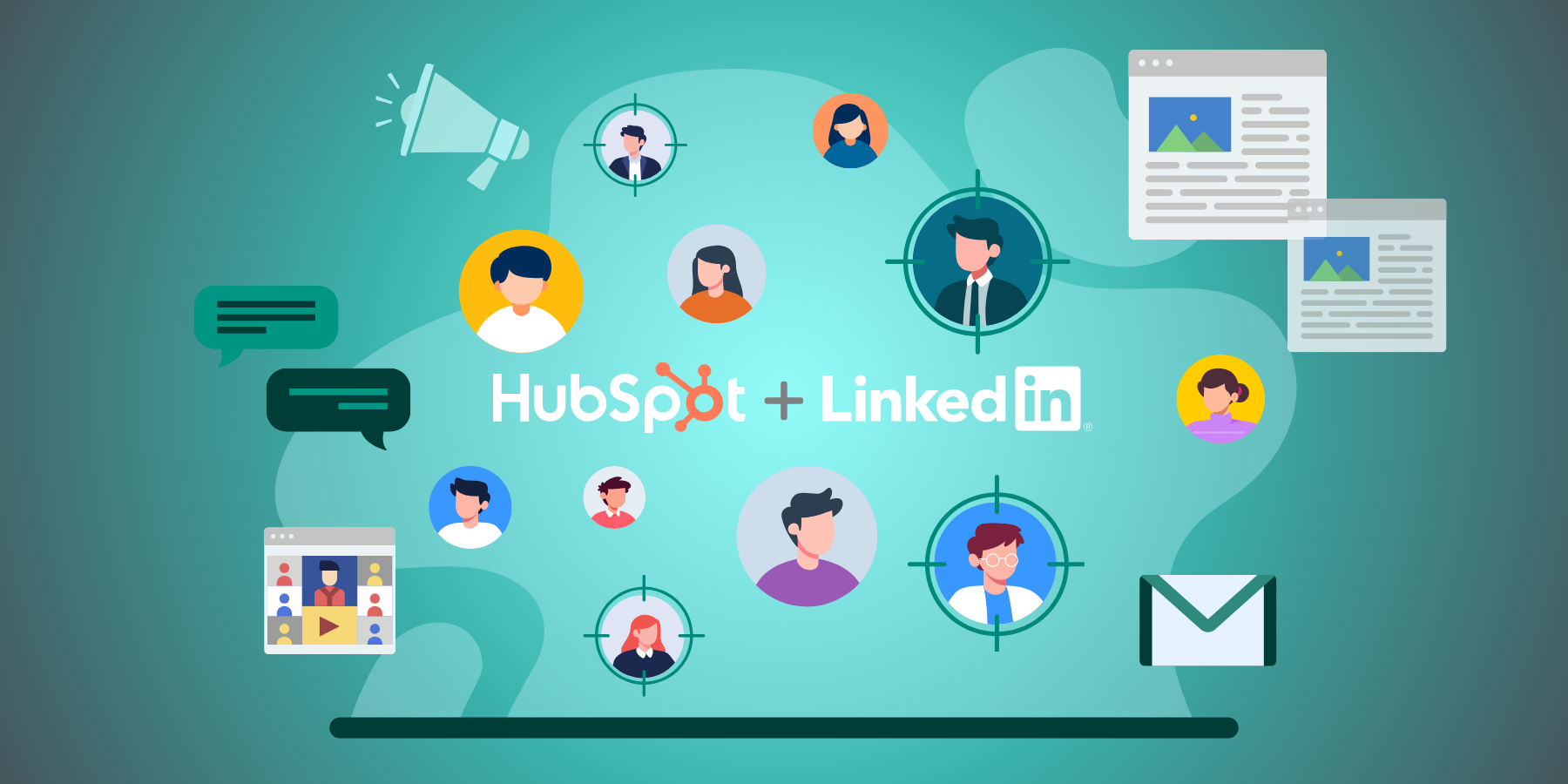 Illustration showing the benefits of using LinkedIn Ads and HubSpot for targeted ABM Campaigns. 