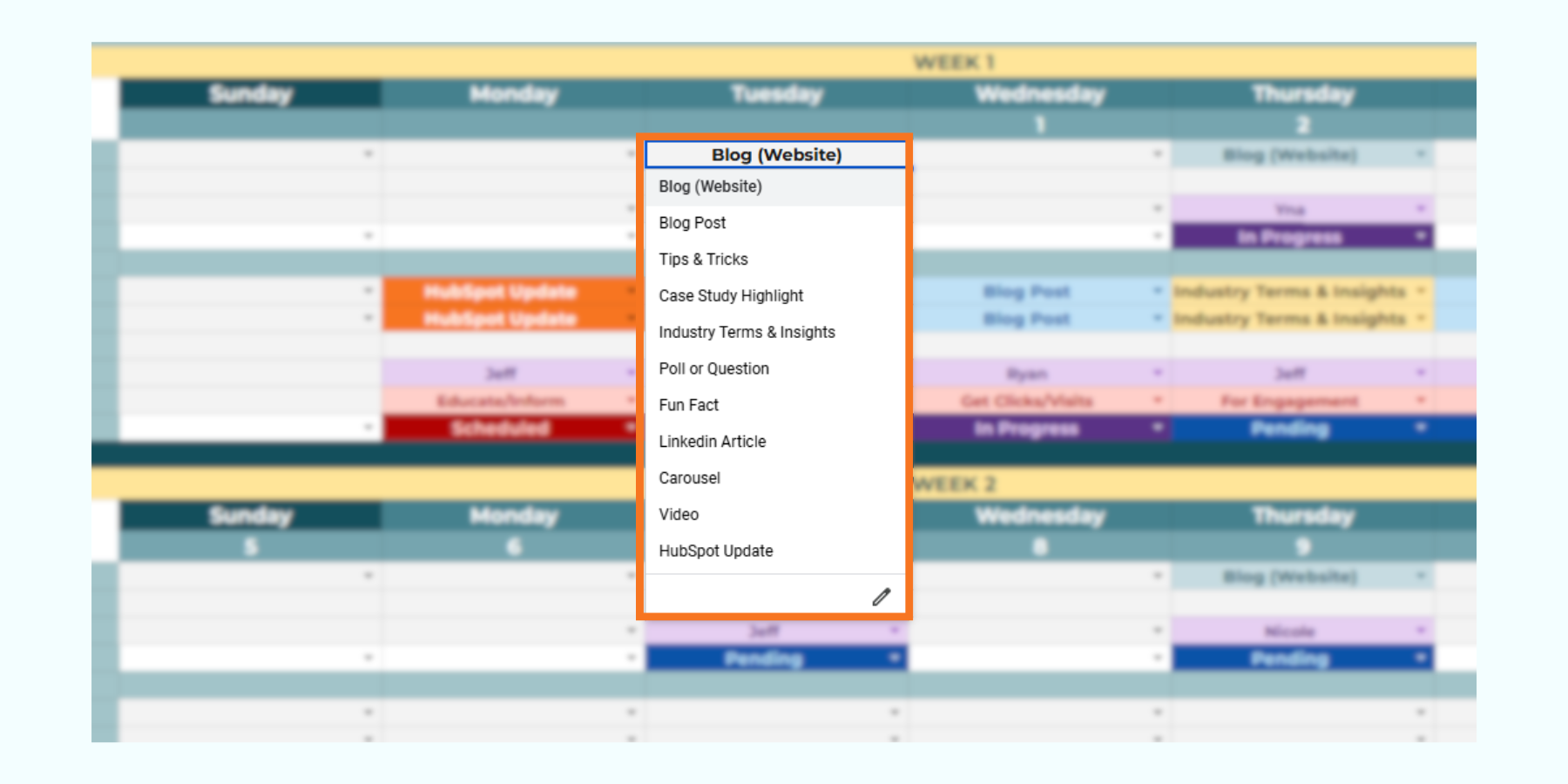 An image of an actual content calendar that includes the different content types that serve different purposes.