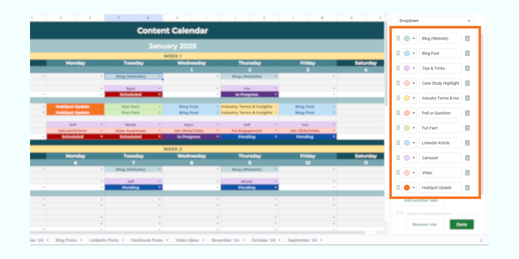 An image of an actual content calendar that uses color coding to easily identify, organize, and track the elements.