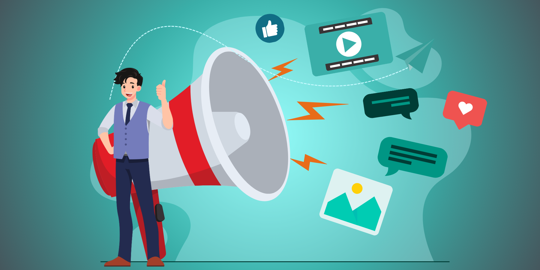 A businessman demonstrating B2B content promotion strategies, with a background featuring a megaphone and various content elements.