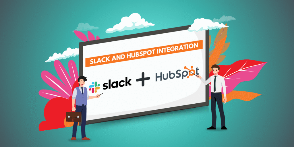 Illustration of two business professionals discussing how Slack and HubSpot integration improves team communication and workflow efficiency.