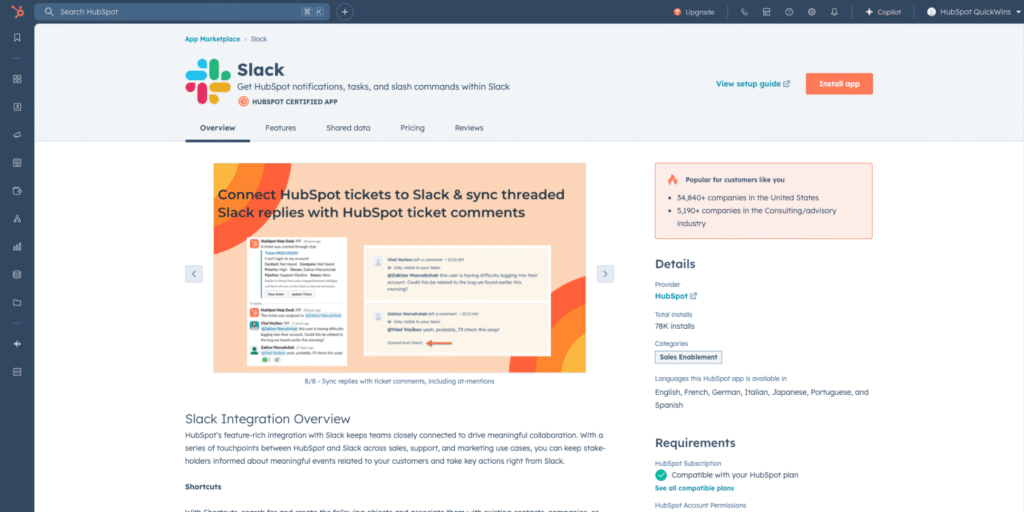 HubSpot App Marketplace interface showing the option to connect Slack for improved notifications and CRM automation.