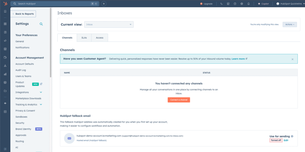 HubSpot Conversations Inbox setup screen highlighting the option to integrate Slack for easier communication with leads and customers.