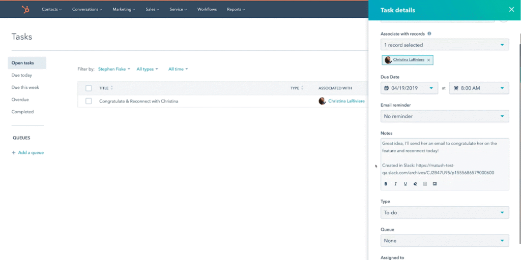HubSpot dashboard showing a task and note created from a Slack message, illustrating how key Slack conversations are logged in HubSpot.