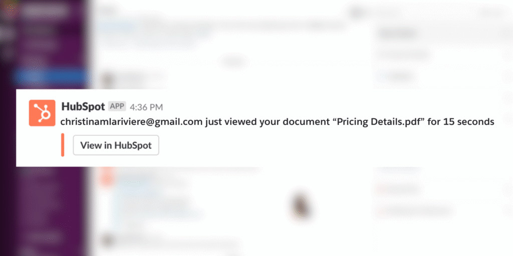 Slack notification alert showing a new lead activity from HubSpot, helping sales teams respond quickly to new prospects.