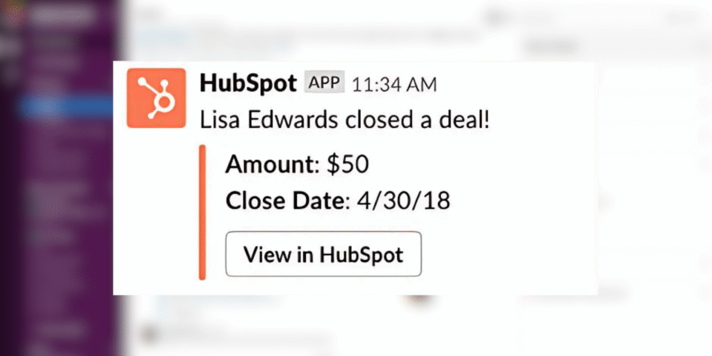 Slack notification showing a closed deal update pushed from HubSpot, helping sales teams celebrate wins and stay informed in real time.