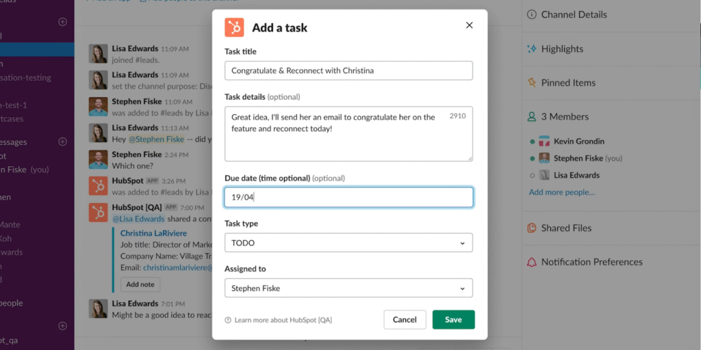 Creating a HubSpot task directly in Slack and assigning it to a teammate for feedback, showing how Slack serves as a central hub for team collaboration and task management.