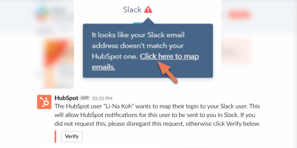 HubSpot email mapping settings alerting the user to unmatched Slack email addresses, prompting verification to complete the integration.