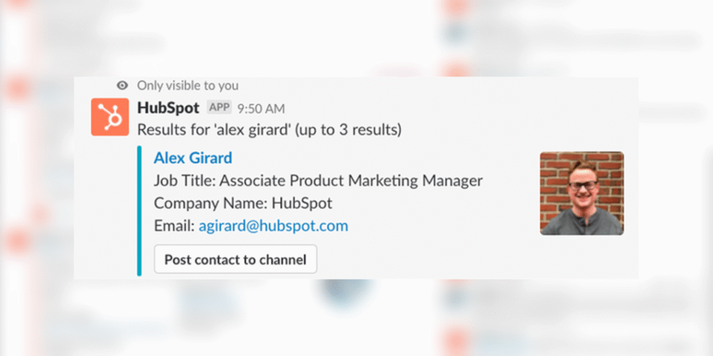 Slack interface with a command used to pull up HubSpot deal details, enabling quick access to CRM data without leaving the conversation.