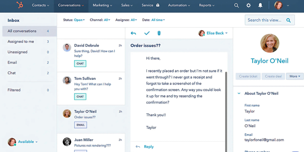 Slack thread showing a live chat notification from HubSpot and a direct reply, with conversation auto-logged in the CRM.