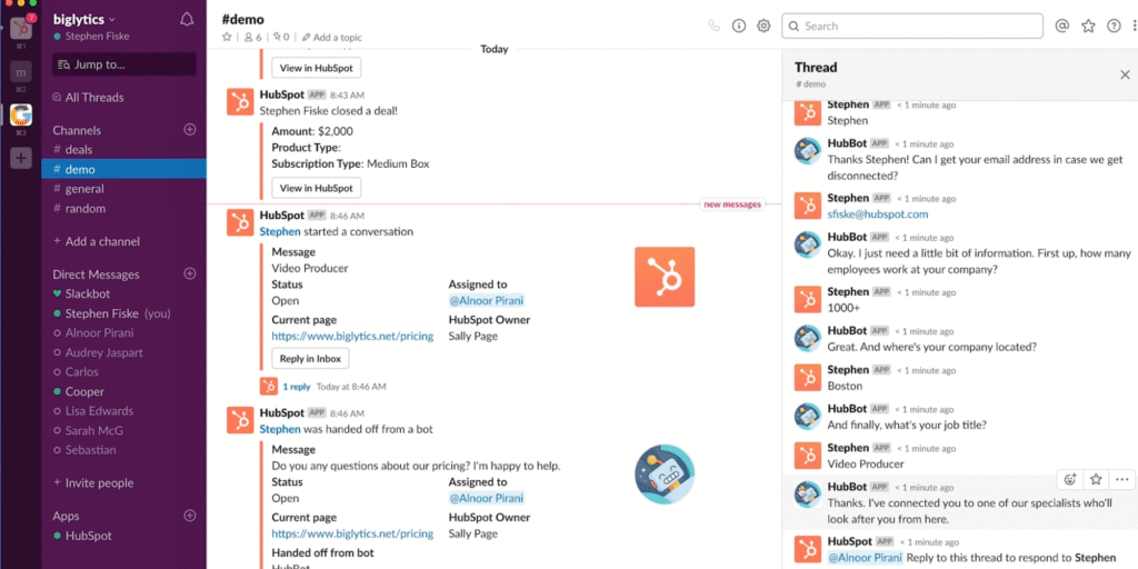Image of synced internal notes between HubSpot and a linked Slack thread, keeping ticket context aligned across platforms.