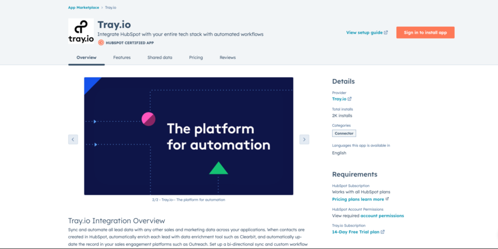 HubSpot App Marketplace featuring the Tray.io app, enabling integration of HubSpot with your entire tech stack with automated workflows.