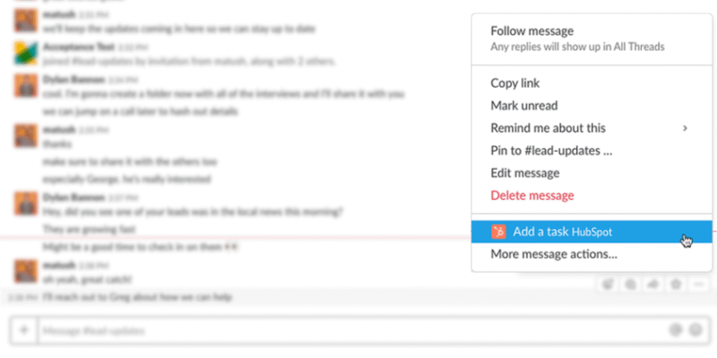 Slack comment being converted into a HubSpot task, showing how feedback can be turned into actionable items without switching tools.