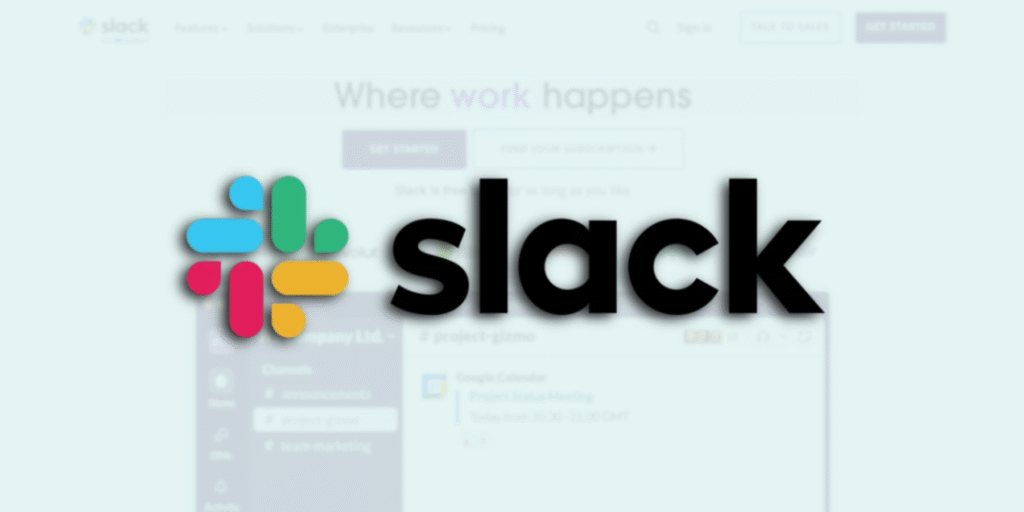 Slack logo displayed with its dashboard interface in the background.