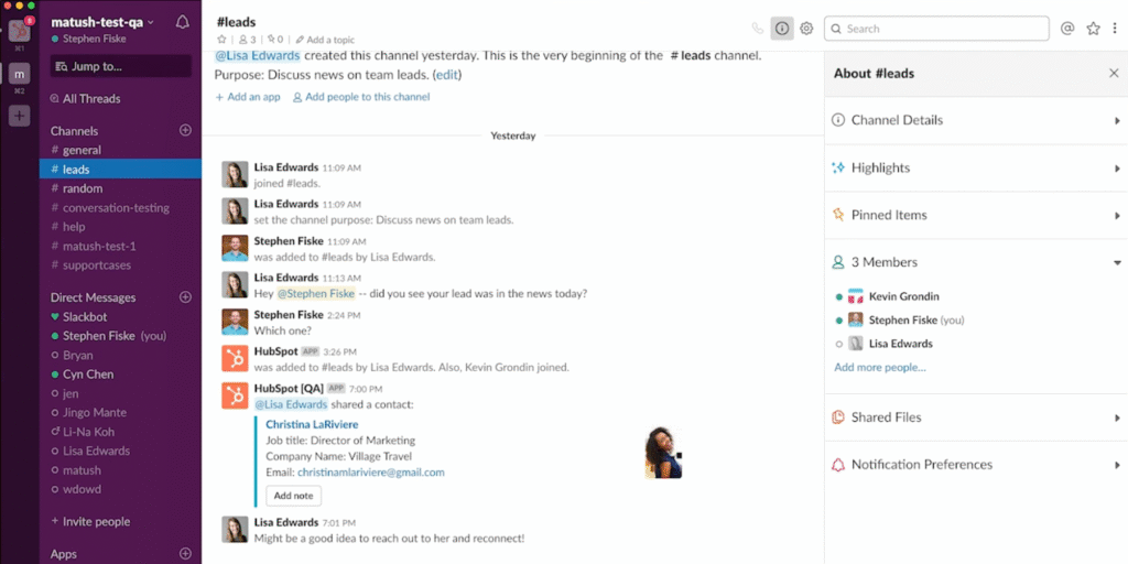 Slack workspace showing active conversations and channels, with visible HubSpot notifications integrated into the interface.